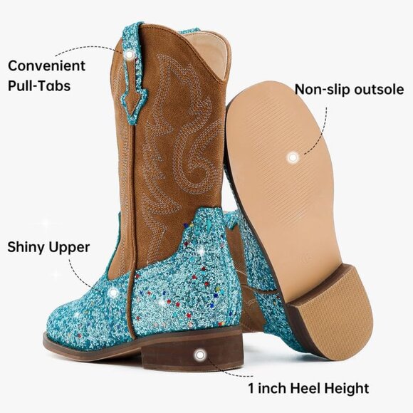 Kids Blue Sequins Boots Glitter Toddler Little Big Mid Western Riding Shoes - Picture 5 of 7
